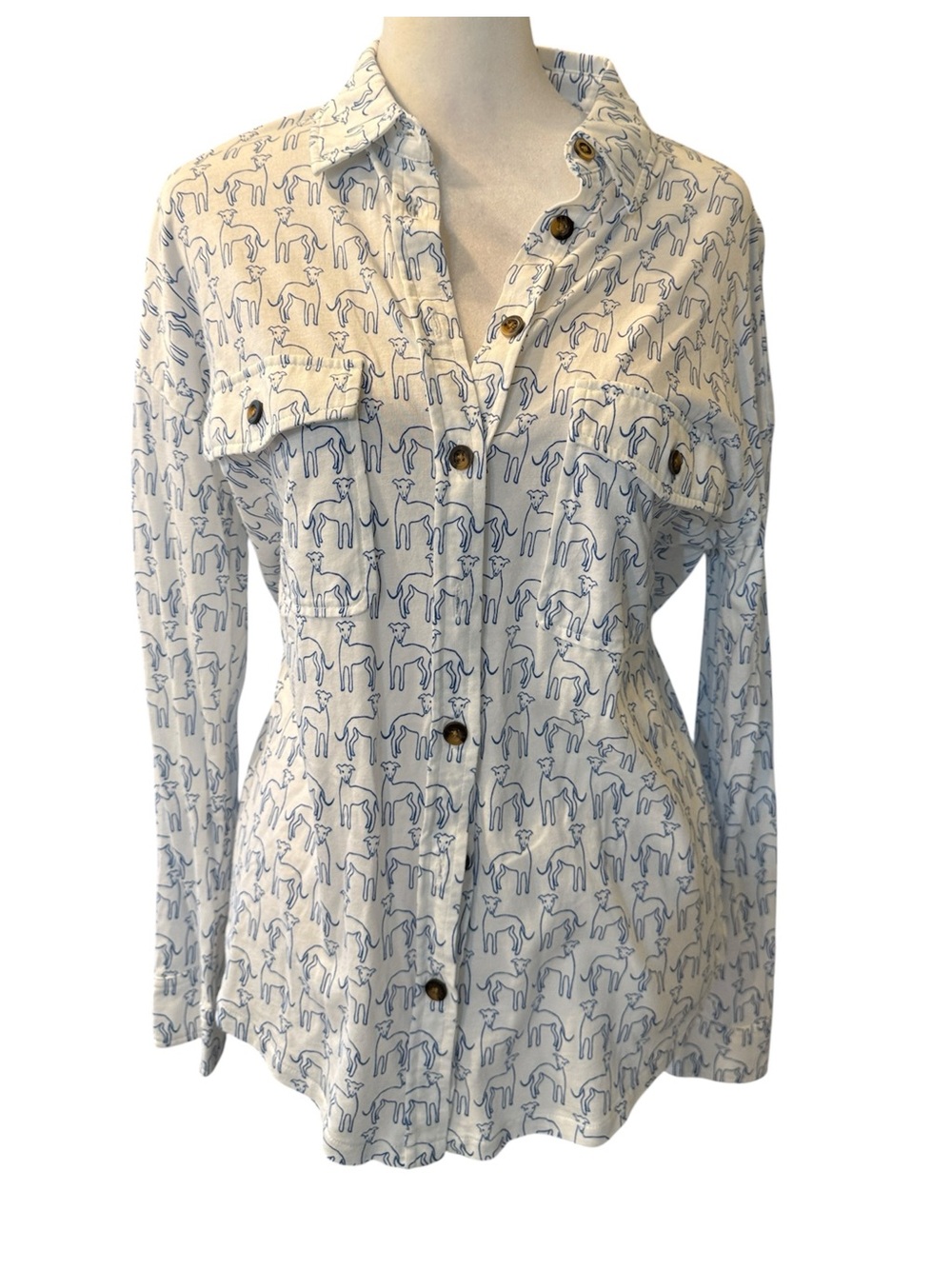 Boden Dog Print Button Front Shirt Blue White Cotton Modal Size 8R